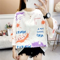 T-shirt en coton surdimensionné pour femmes, imprimé amusant, sans col, à manches mi-longues, hauts à la mode assortis à tout
