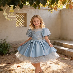 Gaun Pesta Anak Perempuan FSMKTZ Biru Lengan Pendek Model Formal untuk Usia 4-8 Tahun, Pakaian Ulang Tahun Pengiring Pengantin - Product Image 2