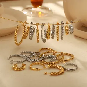 Fashion 18k gold plated thread twisted Hoop earrings Wholesale custom stainless steel waterproof jewelry earrings