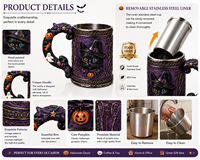 Chope à bière personnalisée en résine, motif chat noir sorcière d'Halloween, avec doublure amovible en acier inoxydable de qualité alimentaire, peinte à la main, style gothique