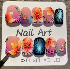 TSZS - <span class=keywords><strong>Uñas</strong></span> Postizas Acrílicas Reutilizables con Diseño de Flores 3D de <span class=keywords><strong>Verano</strong></span>, Estilo Dulce y Moderno, Forma de Pico de Pato, para Mujer - Product Image 1
