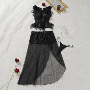 Ensemble de Lingerie Sexy pour Femme Dierlove avec Logo Personnalisé, Corset Noir à Fermeture Avant, Jupe Asymétrique Transparente à Paillettes, Idéal pour les Soirées - Product Image 4