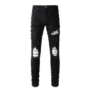 Black Patch Denim <b>Pants</b> for Men Y2K Street Style Destroyed Ripped Skinny Stretch Jeans Embroidery Print Washed Hip Hop Fashion - Product Image 3