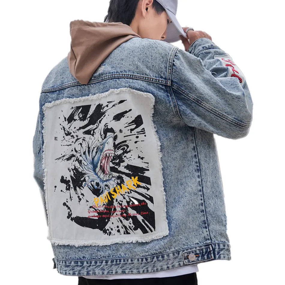 男性用最新デザインファッションメンズウインドブレーカーパッチワークデニムジャケット