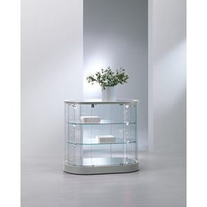 Vitrina Ovalada de Vidrio Templado de 90 cm de Alto, Color Gris Claro, Curva, con Iluminación LED y Estantes Ajustables - Product Image 1