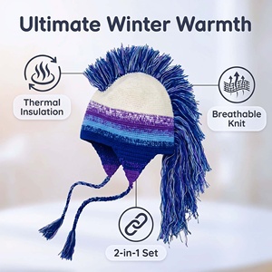 Chapeau Viking brodé à la main, couleur dégradée, bonnet d'hiver tricoté, pompons moelleux, chaud, respirant, 100% acrylique, chapeau décontracté - Product Image 3