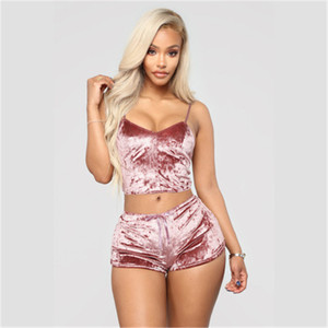 New Fashion Women Sexy <strong>Velvet</strong> Pajama Sets Ladies Lace V-Neck Crop Tops <strong>Shorts</strong> 2Pcs Sleepwear Lingerie Pajamas Sets - Product Image 3
