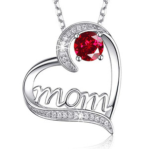 Collana con ciondolo a forma di cuore per mamma, placcata in argento, con zirconi cubici e pietra rossa, gioiello regalo per donna - Product Image 1