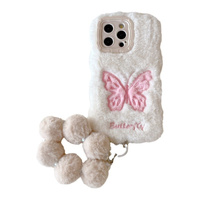 Casing HP iPhone 16 14 13 15 16 Pro Max, Penyangga Plush 3D Bentuk Kupu-kupu Lucu dengan Gelang, Penutup Belakang Lembut