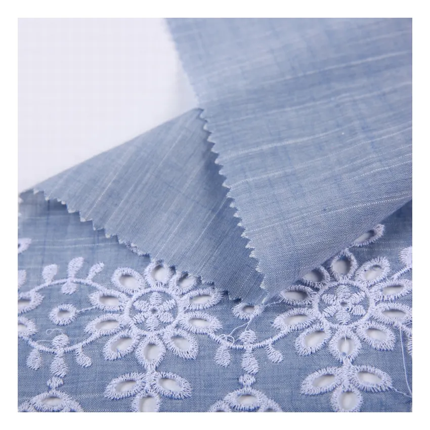 New design cotton single border eyelet embroidery stock voile yarn dyed embroidery lace fabric blue