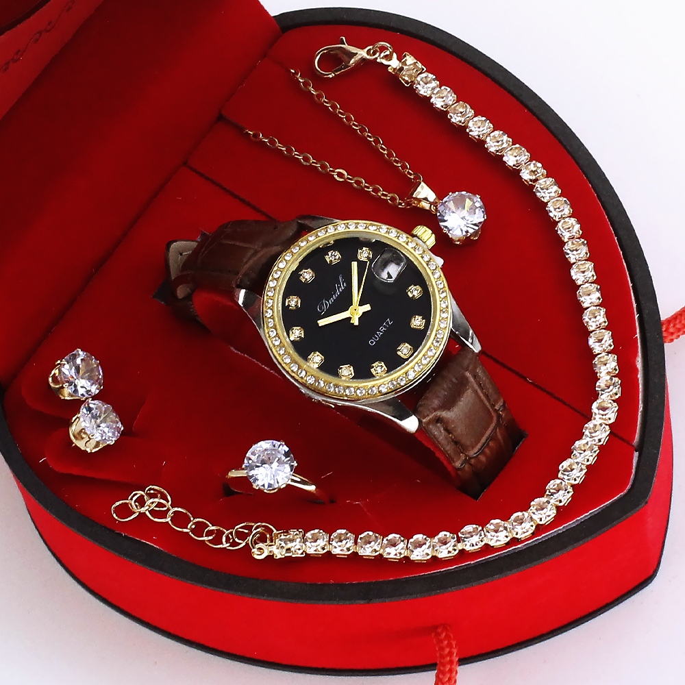 Orologio con cinturino marrone e quadrante nero + gioielli