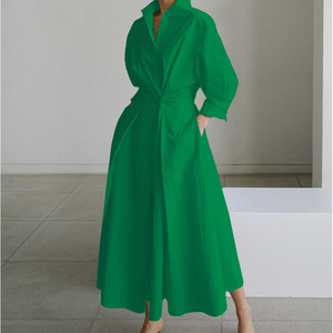 Robe élégante imprimée géométrique pour femmes 2024 été nouvelle mode col rabattu chemise taille élastique grande balançoire robes Robe - Product Image 5