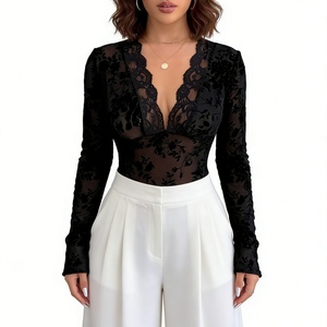Body en velours floral à col en V pour femme - Haut transparent à manches en dentelle tendance - Product Image 1
