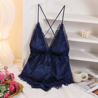 Jumpsuit Satin Seksi Model V-Neck dengan Belahan, Trim Renda, Tanpa Punggung, Pakaian Tidur Minimalis Pendek untuk Wanita