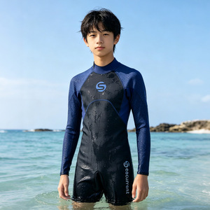 Securrent Kids <b>Wetsuit</b> 1.5Mm Short Sleeve High Neck Neoprene Swim Surf Dive Gear For Boys Anti Uv Quick Dry Breathable - Product Image 1