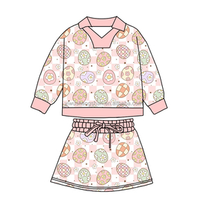 Ensembles de Pâques pour bébés et enfants en gros, haut à col polo à manches longues imprimé lapin, <span class=keywords><strong>jupe</strong></span> avec short, tenues de fête pour petites filles - Product Image 4