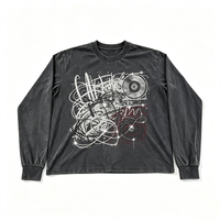 T-shirt à manches longues décontracté surdimensionné noir délavé à col rond avec imprimé graphique Kornit DTG Retro Swirl Late Night
