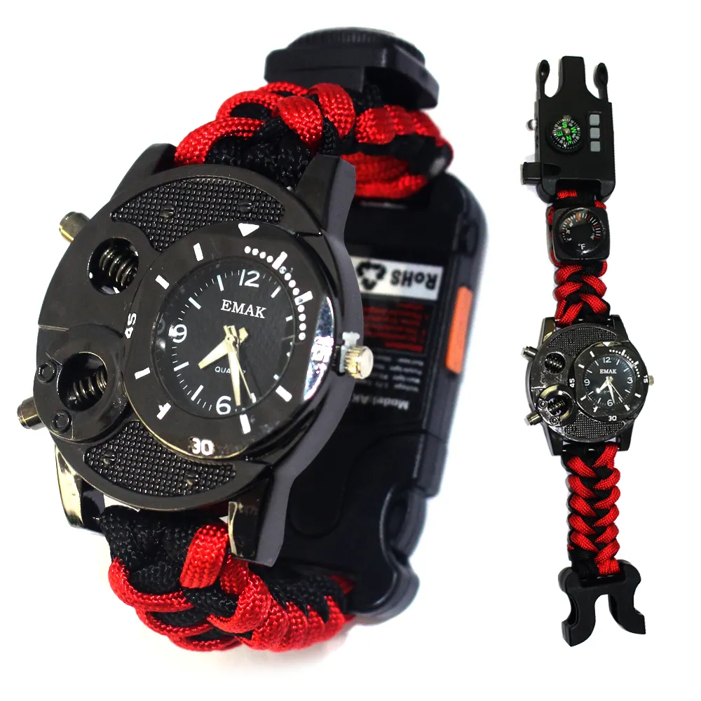 Hot Sale Multifunctional Adjustable Paracord Survival Watch, Metal Custom Logo Camping Weaving Paracord Watch