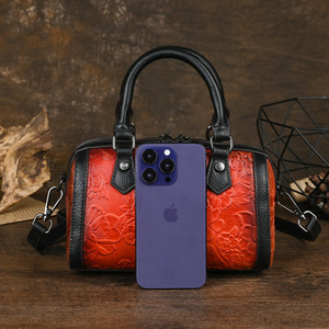Ando <b>Bag</b> <b>Small</b> Floral Embossed Leather <b>Shoulder</b> <b>Bag</b> Women Red Cowhide Mini Handbag with Top Handles - Product Image 3