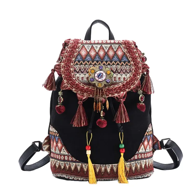 Bohemian Stylish Custom Pattern Canvas Ladies Backpack Tassel Ethnic Bag
