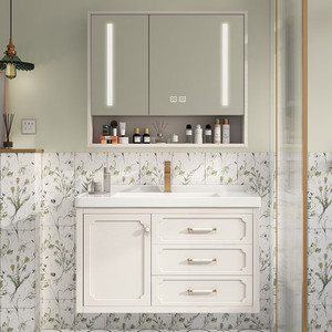 New French style white storage <b>mirror</b> cabinet bathroom cabinet with LED <b>mirror</b> cabinet white sink - Product Image 3