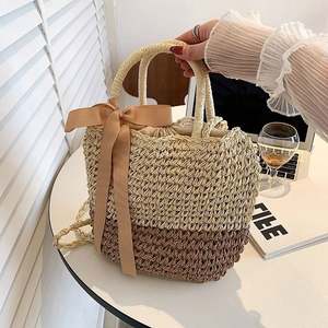 Bolso de playa Rattan <span class=keywords><strong>Bali</strong></span> Straw Barrel Monedero Bolsos a granel Tejido de haya con borde Satén Tote Tendencia Nudo <span class=keywords><strong>japon</strong></span>és - Product Image 1
