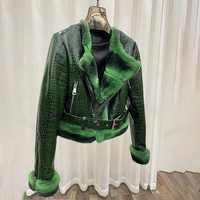 Veste de motard en cuir véritable grain crocodile haut de gamme pour femme, avec garniture en fourrure de lapin Rex véritable, épaisse et chaude pour l'hiver