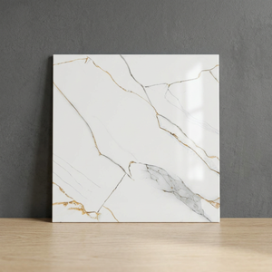 Carreaux de sol en céramique émaillée effet dalle de marbre blanc moderne 40x40cm, porcelaine, pour salon - Product Image 4