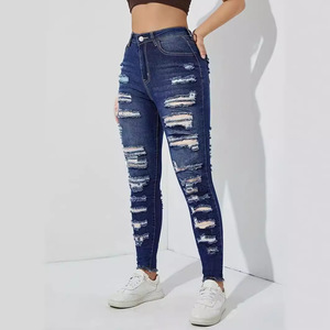 Jeans Ajustados Elásticos con Rasgaduras, Azul Oscuro, Cintura Alta, Pantalones de Mezclilla para Mujer, Comercio Electrónico Transfronterizo Europa América - Product Image 2