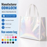 Sac fourre-tout non tissé holographique laser, laminé métallisé, avec poignée découpée, réutilisable, écologique, pour supermarché, vente en gros directe usine