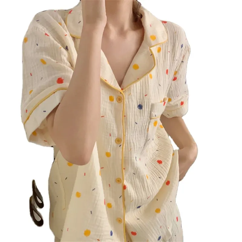Pijama bonito de algodão com desenhos animados para mulheres, conjunto de pijamas de lapela de mangas compridas, roupa térmica para o verão e a primavera