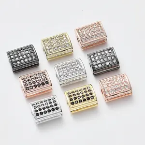 Luxury Silver Rose Gold CZ Zircon Brass flat Square Bead Spacer Metal Charms Beads for Bracelets Jewelry Making Finding