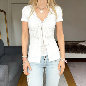 Camiseta Y2K Dulce para Mujer con Encaje y Lazo Delantero, Manga Corta, Estilo Casual y Delicado, Blusa de Moda para Dama, Venta al por Mayor - Product Image 4