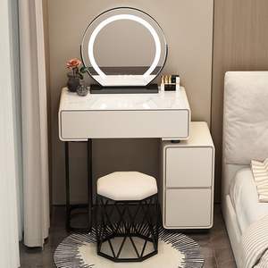 Meja Rias Desain Mewah Modern 60cm dengan Cermin LED Krim Kayu Lemari Rias Apartemen Kecil Kamar Tidur Utama Penggunaan Sekolah - Product Image 2