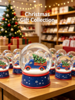 Globe de neige de Noël en résine en gros, camion bleu vintage avec sapin de Noël, décoration de table de fête, cadeau