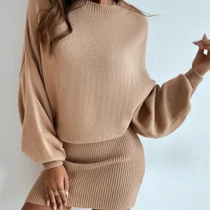 provide custom fat women Fashion long knitted Plus Solid set women bodycon rib Batwing Sleeve Fitted casual Sweater Dress