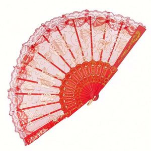 พัดลูกไม้ของขวัญแต่งงาน พัดจีนแบบพับได้ พัดพลาสติกเคลือบทองคำ ของตกแต่งงานเต้นรำ ของขวัญ - Product Image 6