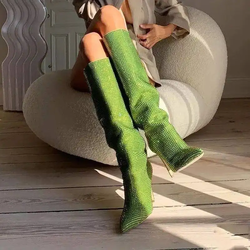 Fashionable and simple women's boots shine in green rhinestone fabric calf boots boots for women new styles
