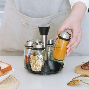 Countertop Rotatable Revolving <strong>Spice</strong> Rack Organizer Set Glass Seasoning <strong>Condiment</strong> Jar 3-opening Stainless Steel Lid - Product Image 4