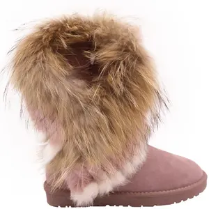 Plus Size Real Racoon Fur collar Boots Winter Warm Casual Women Shoes Furry Genuine Sheepskin Leather Snow Women Winter Boots