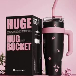 Tasse <span class=keywords><strong>Thermos</strong></span> en Gros Noir Rose en Acier Inoxydable, Grande Tasse à <span class=keywords><strong>Café</strong></span> <span class=keywords><strong>Isotherme</strong></span> avec Paille, Gobelet de 40oz avec Poignée pour Voyage en Voiture - Product Image 1