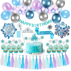 गोद भराई पार्टी आपूर्ति नीले सफेद राजकुमारी जमे थीम हिमपात का एक खंड पार्टी गुब्बारा और बैनर लड़की जन्मदिन की पार्टी सजावट
