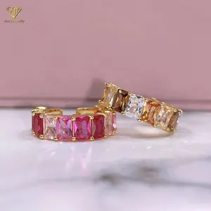 Fashion Jewelry Open Rings 18K Gold Plated Red Corundum Champagne Color Baguette Cut Cubic Zirconia Eternity Ring