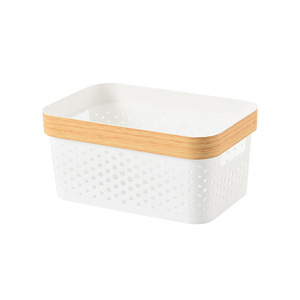 Plastic Storage Baskets With Lids Rectangle Porous Wood Grain White Handle Stackable Desktop Kitchen Bathroom Organizing Basket - Product Image 5