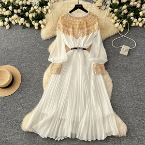 Spring Roman <strong>Tunic</strong> Slim Pleated Midi <strong>Dress</strong> For Women Empire <strong>Sequined</strong> Lace Vestidos - Product Image 2