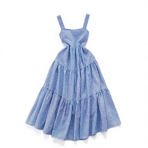 Vestido Midi Azul a Rayas con Tirantes Finos, Estilo Casual de Verano, Tejido de Algodón, Corte Regular, Vestido de Mujer con Estampado Digital para Oficina - Product Image 2
