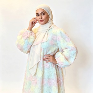3D Floral Applique <strong>Maxi</strong> <strong>Dress</strong> Women Pastel Modest Wear Muslim Islamic Clothing Floor Length Occasion - Product Image 2