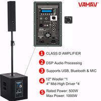 VAMAV Bocinas Profesional  AURA 12,500W RMS, Efectos DSP, Clase D, Altavoz Columna Activo de 12", compatible con BT, USB y Mic