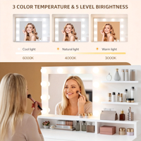 Coiffeuse et table de maquillage blanche moderne avec miroir LED style Hollywood et 4 tiroirs de rangement pour chambre à coucher