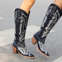 Bottes de cowboy rétro pour femmes en denim, bottes d'équitation en cuir montantes, talon en bois, broderie, chaussures décontractées pour la marche